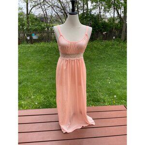 Vintage Peach Nightgown With Delicate Lace Waist Sheer Flowy Skirt Adjustable Sp